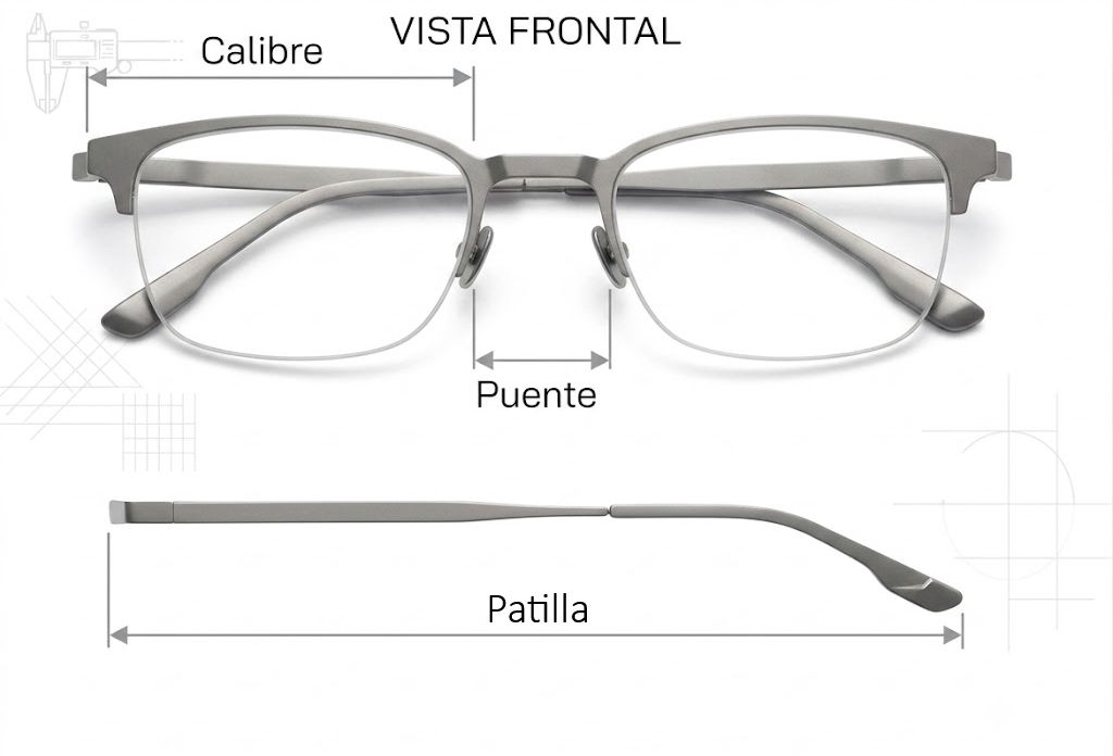 Diagrama de calibre, puente y largo de patilla